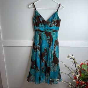 Donna Morgan Teal and Brown Paisley Midi Dress